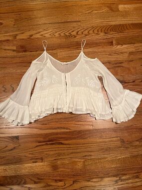 FREE PEOPLE ELODIE EMBROIDERED RUFFLE HEM BOHO FESTIVAL OFF SHOULDER TOP MEDIUM